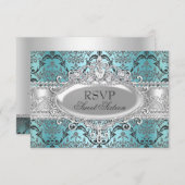  Blauwgroen & Zilver Damask Sweet 16 RSVP (Voorkant / Achterkant)