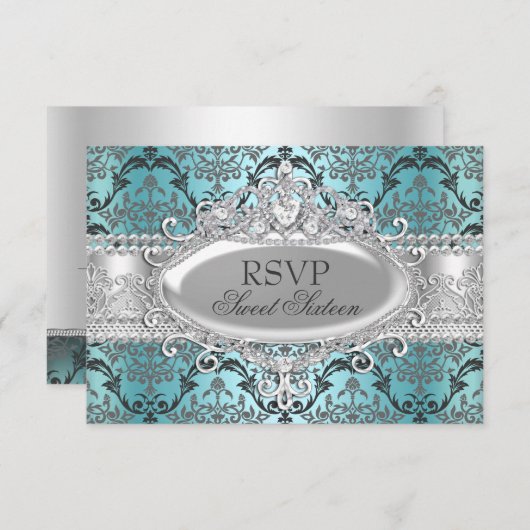  Blauwgroen & Zilver Damask Sweet 16 RSVP (Voorkant / Achterkant)