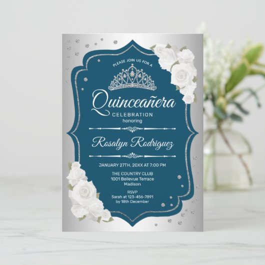 Blauwgroen zilver Elegant Quinceanera Kaart (Staand voorkant)