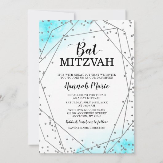 Blauwgroen zilver Faux Glitter Geometric Bat Mitzv Kaart (Voorkant)