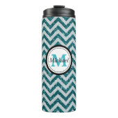 Blauwgroen zilver Faux Glitter Monogram Thermosbeker (Voorkant)