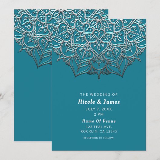 Blauwgroen & Zilver Mandala Elegant Minimaal Bruil Kaart (Voorkant / Achterkant)