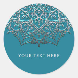 Blauwgroen & Zilver Mandala Elegant Minimaal Bruil Ronde Sticker