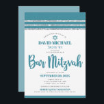 Blauwgroen Zilver Tallit Bar Mitzvah Bold Eenvoudi Kaart<br><div class="desc">Wees trots, blij en toon deze mijlpaal van je favoriete Bar Mitzvah! Verstuur deze coole, unieke, moderne, gepersonaliseerde uitnodiging voor een evenement om het te herinneren. Vet, stoffig blauwgroen blauw script typografie, Ster van David en een stoffige blauwgroen blauwe en zilveren glitter gestreept, geïnspireerde grafische bedekking met een eenvoudige, witte...</div>