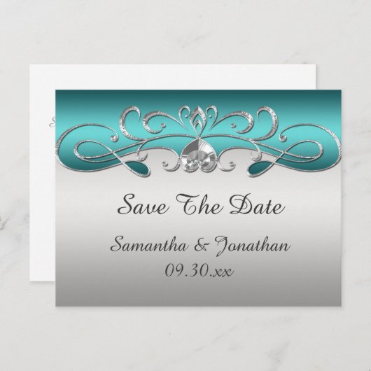 Blauwgroen Zilver Wervelingen Save the Date Aankondigingskaart (Voorkant / Achterkant)