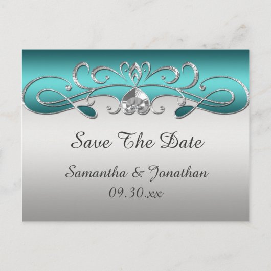 Blauwgroen Zilver Wervelingen Save the Date Aankondigingskaart (Voorkant)