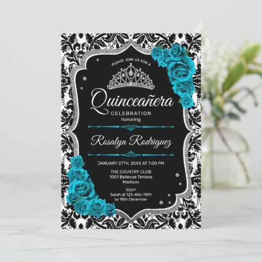 Blauwgroen zilver zwart damast elegante quinceaner kaart (Staand voorkant)