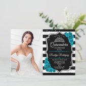 Blauwgroen zilver zwart quinceanera feest met foto kaart (Staand voorkant)