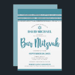 Blauwgroen Zilveren Bar Mitzvah Tallit Eenvoudige  Kaart<br><div class="desc">Wees trots, blij en toon deze mijlpaal van je favoriete Bar Mitzvah! Verstuur deze coole, unieke, moderne, gepersonaliseerde uitnodiging voor een evenement om het te herinneren. Vet, stoffig blauwgroen blauw script typografie, Ster van David en een stoffige blauwgroen blauwe en zilveren glitter gestreept, geïnspireerde grafische bedekking met een eenvoudige, witte...</div>