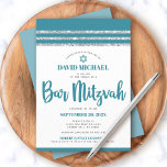 Blauwgroen Zilveren Bar Mitzvah Tallit Eenvoudige  Kaart<br><div class="desc">Wees trots, blij en toon deze mijlpaal van je favoriete Bar Mitzvah! Verstuur deze coole, unieke, moderne, gepersonaliseerde uitnodiging voor een evenement om het te herinneren. Vet, stoffig blauwgroen blauw script typografie, Ster van David en een stoffige blauwgroen blauwe en zilveren glitter gestreept, geïnspireerde grafische bedekking met een eenvoudige, witte...</div>