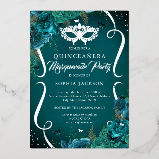 Blauwgroen Zilveren Bloemen Scroll Masquerade Quin Folie Uitnodiging (Voorkant)