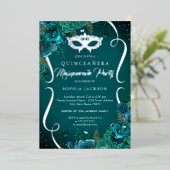Blauwgroen Zilveren Bloemen Scroll Masquerade Quin Folie Uitnodiging (Staand Voorkant)