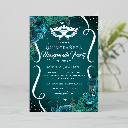 Blauwgroen Zilveren Bloemen Scroll Masquerade Quin Folie Uitnodiging (Staand Voorkant)