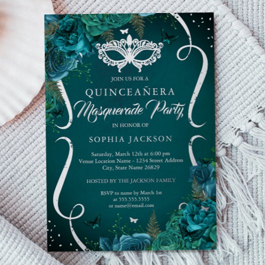 Blauwgroen Zilveren Bloemen Scroll Masquerade Quin Folie Uitnodiging