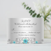 Blauwgroen Zilveren Bloemen Werveling RSVP (Staand voorkant)