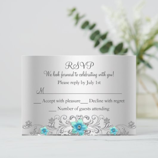 Blauwgroen Zilveren Bloemen Werveling RSVP (Staand voorkant)