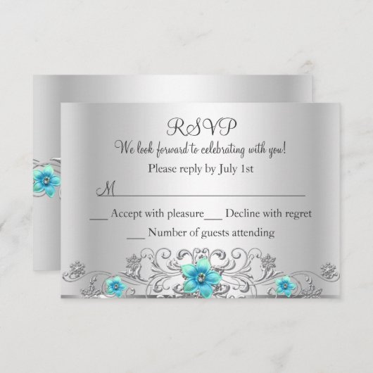 Blauwgroen Zilveren Bloemen Werveling RSVP (Voorkant / Achterkant)