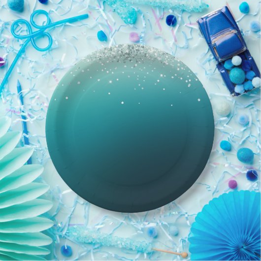 Blauwgroen zilveren Confetti Papieren Bordje (Feest)