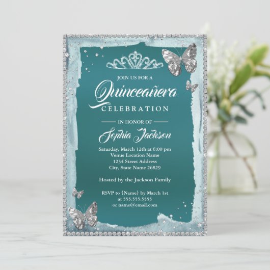 Blauwgroen zilveren diamantvlinder kaart (Staand voorkant)