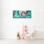 Blauwgroen zilveren foto van glitter vlinder quinc spandoek (Insitu)