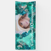 Blauwgroen zilveren foto van glitter vlinder quinc spandoek (Verticaal)