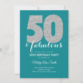 Blauwgroen Zilveren Glitter 50 & Fabulous Birthday Kaart (Voorkant)