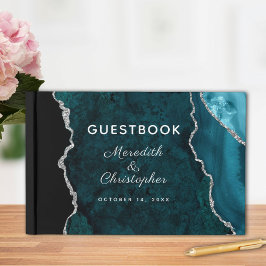Blauwgroen zilveren glitter Agate Wedding Gastenboek