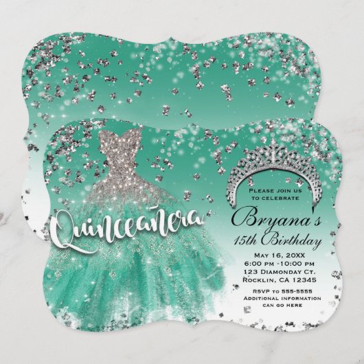 Blauwgroen Zilveren Glitter Glamour Jurk Quinceañe Kaart (Voorkant / Achterkant)