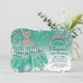 Blauwgroen Zilveren Glitter Glamour Jurk Quinceañe Kaart (Staand voorkant)