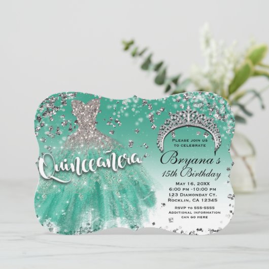 Blauwgroen Zilveren Glitter Glamour Jurk Quinceañe Kaart (Staand voorkant)