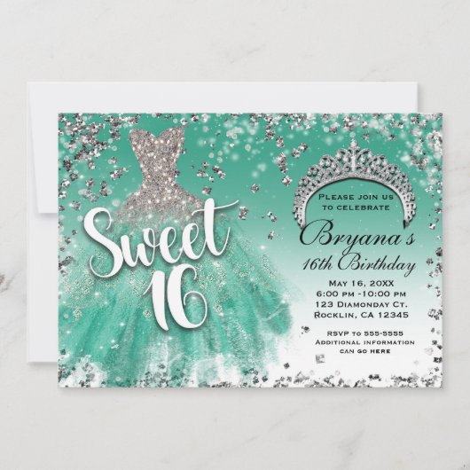 Blauwgroen & Zilveren Glitter Glamour Jurk Sweet 1 Kaart (Voorkant)