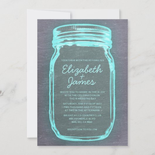 Blauwgroen Zilveren  Mason Jar Wedding Invitations Kaart (Voorkant)