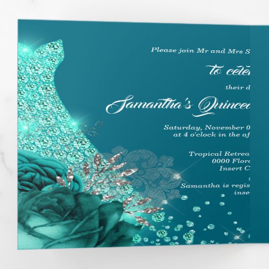 Blauwgroen zilveren roos quinceanera glitter drieluik uitnodiging (Binnenzijde eerst)