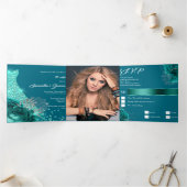 Blauwgroen zilveren roos quinceanera glitter drieluik uitnodiging (Binnen)