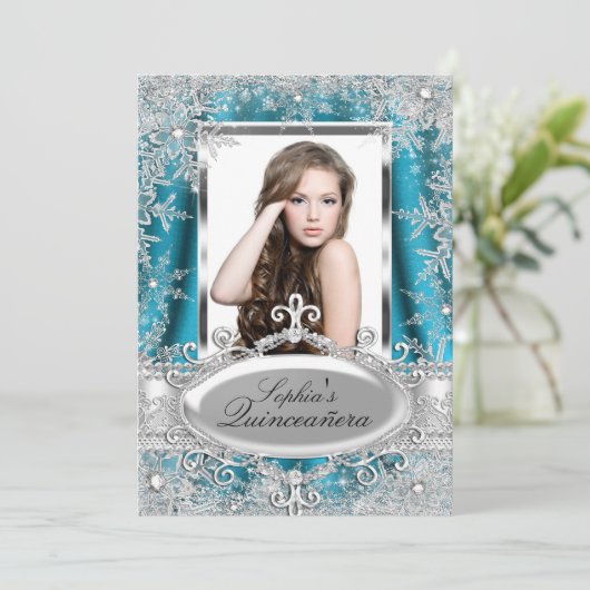 Blauwgroen zilveren sparkle Jewel Snowflake Quince Kaart (Staand voorkant)