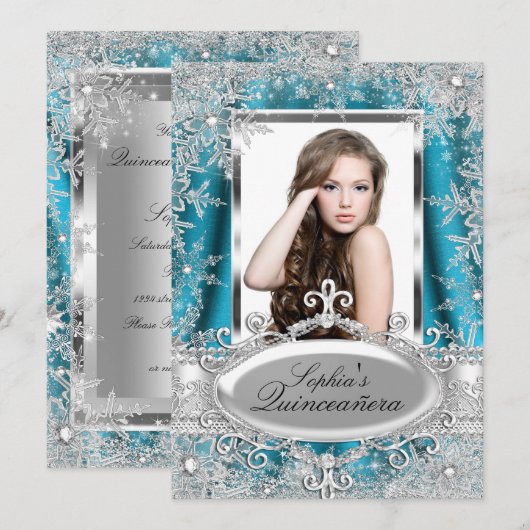 Blauwgroen zilveren sparkle Jewel Snowflake Quince Kaart (Voorkant / Achterkant)