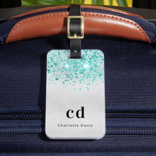 Blauwgroen zilverglitter zee groene monogram naam bagagelabel (Voorkant Insitu 2)