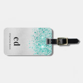 Blauwgroen zilverglitter zee groene monogram naam bagagelabel (Voorkant horizontaal)