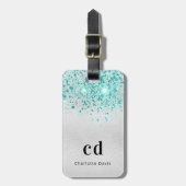 Blauwgroen zilverglitter zee groene monogram naam bagagelabel (Voorkant verticaal)