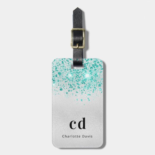 Blauwgroen zilverglitter zee groene monogram naam bagagelabel (Voorkant verticaal)