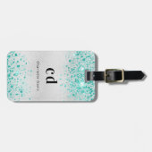 Blauwgroen zilverglitter zee groene monogram naam bagagelabel (Voorkant horizontaal)