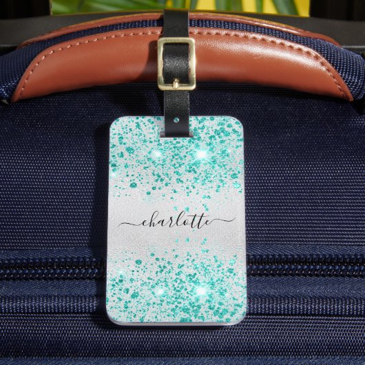 Blauwgroen zilverglitter zee groene monogram naam bagagelabel (Voorkant Insitu 2)