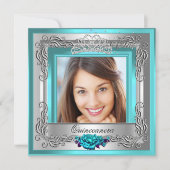 Blauwgroen zilverRozen Quinceanera 15e foto Kaart (Voorkant)