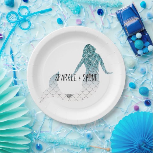 Blauwgroen zilversparkle Glitter Mermaid Papieren Bordje (Feest)