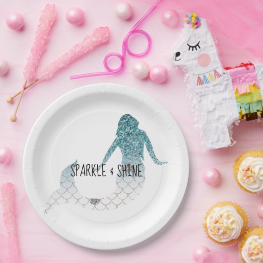 Blauwgroen zilversparkle Glitter Mermaid Papieren Bordje (Feest)
