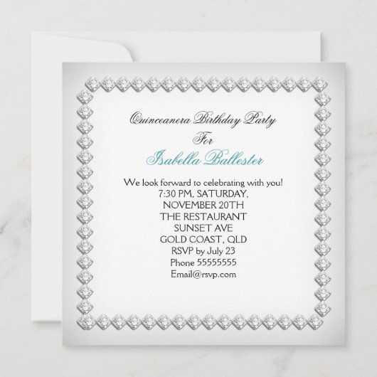 Blauwgroen zilverwitte Quinceanera 15e verjaardag Kaart (Achterkant)