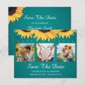 Blauwgroen Zonnebloem 3 Foto Collage Bruiloft Save The Date (Voorkant / Achterkant)