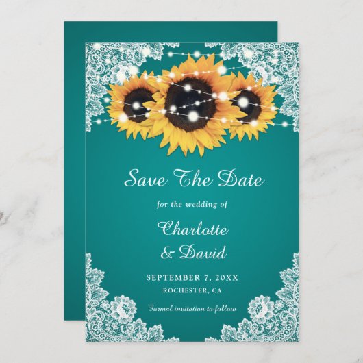 Blauwgroen zonnebloem bewaar de datumkaarten save the date (Voorkant / Achterkant)
