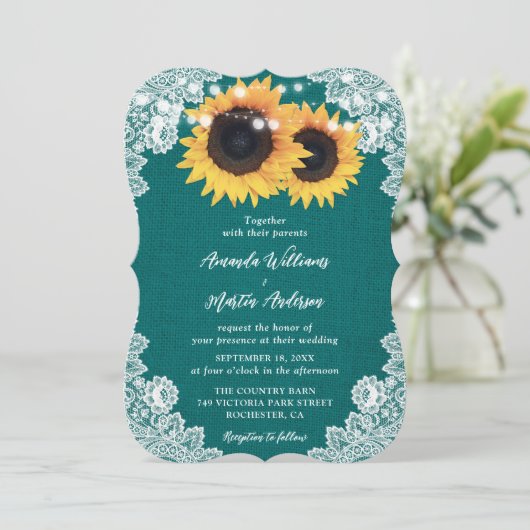 Blauwgroen Zonnebloem Burlap Bloemen Kant Country  Kaart (Staand voorkant)