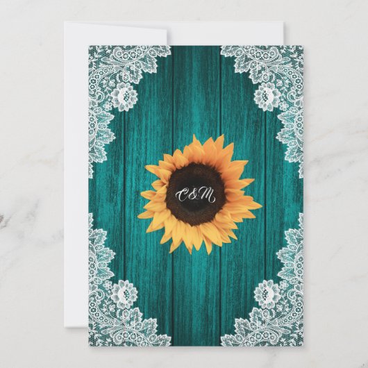 Blauwgroen Zonnebloem Hout Bloemen Kant Wedding Kaart (Achterkant)